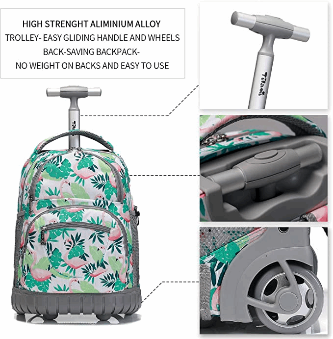 amazon travel rolling backpack Tilami Green Flamingo 16 Inch School College Travel Carry-on Rolling Backpack Boys Girls