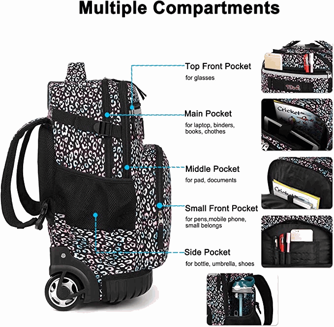 Tilami 18 inch Colorful Leopard Rolling Backpack For Kids Wheeled Backpack