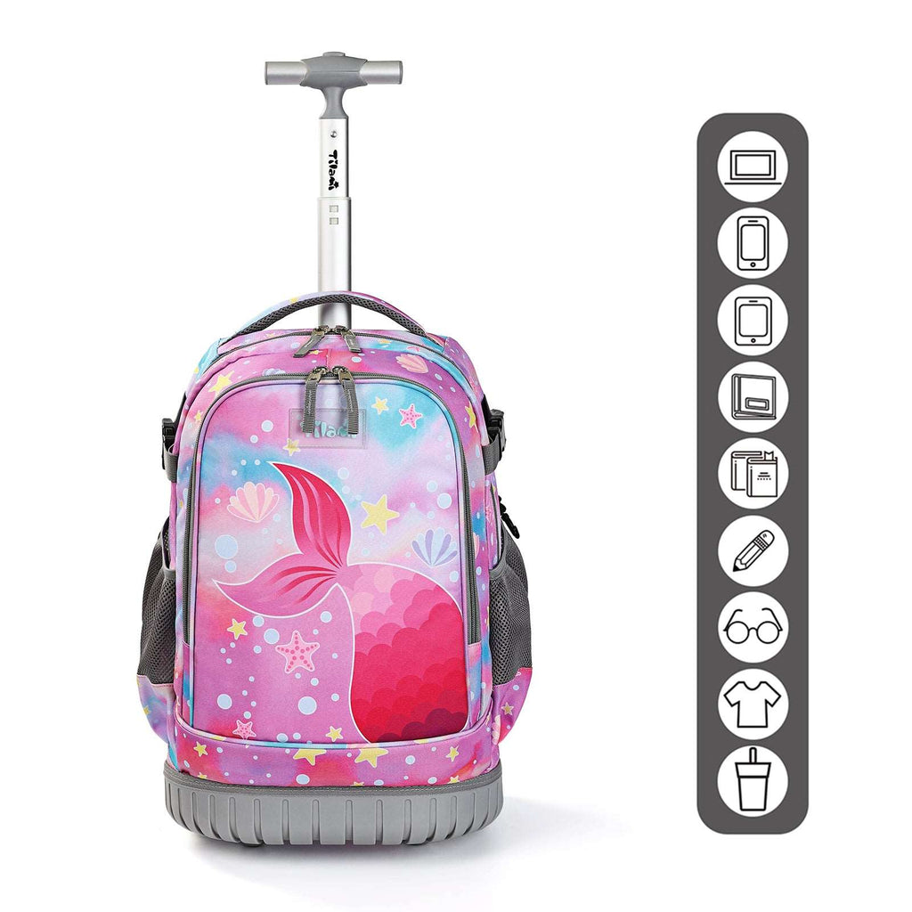 Tilami Pink Fishtail Rolling Backpack 18 inch with Lunch Bag