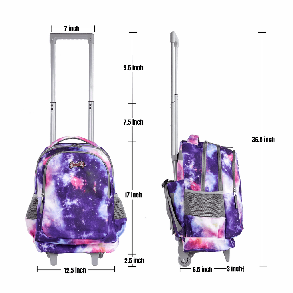 Seastig Purple Galaxy 18 inch Double Handle Rolling Backpack for Kids with Lunch Bag and Pencil Case Set