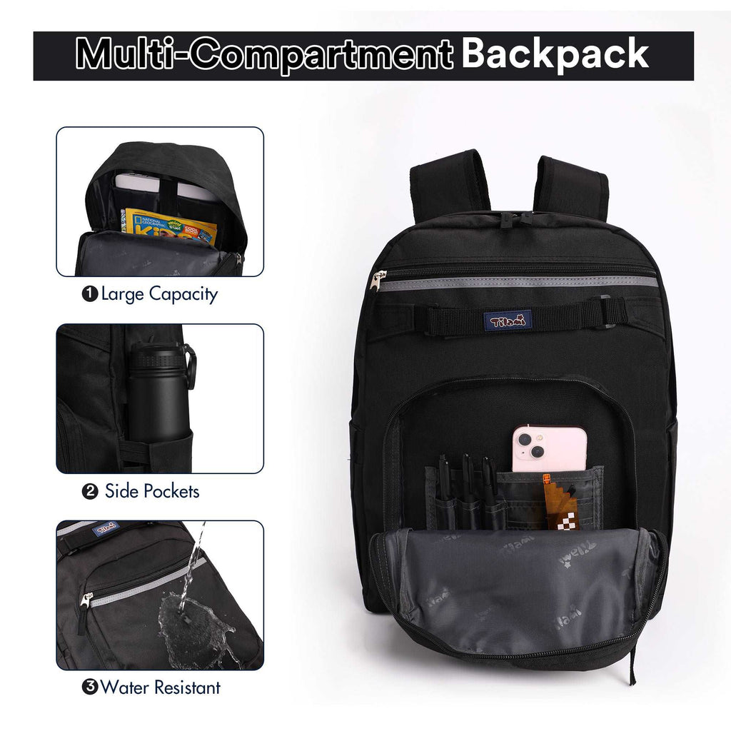 Tilami Black 17 inch Waterproof Backpack with Pencil Bag