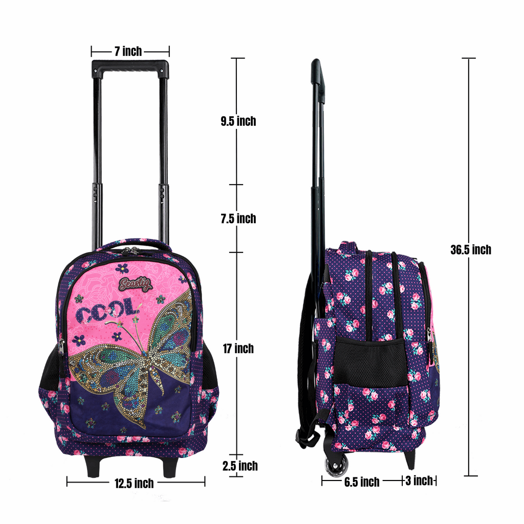 Seastig Butterfly 18 inch Double Handle Rolling Backpack for Kids with Lunch Bag and Pencil Case Set