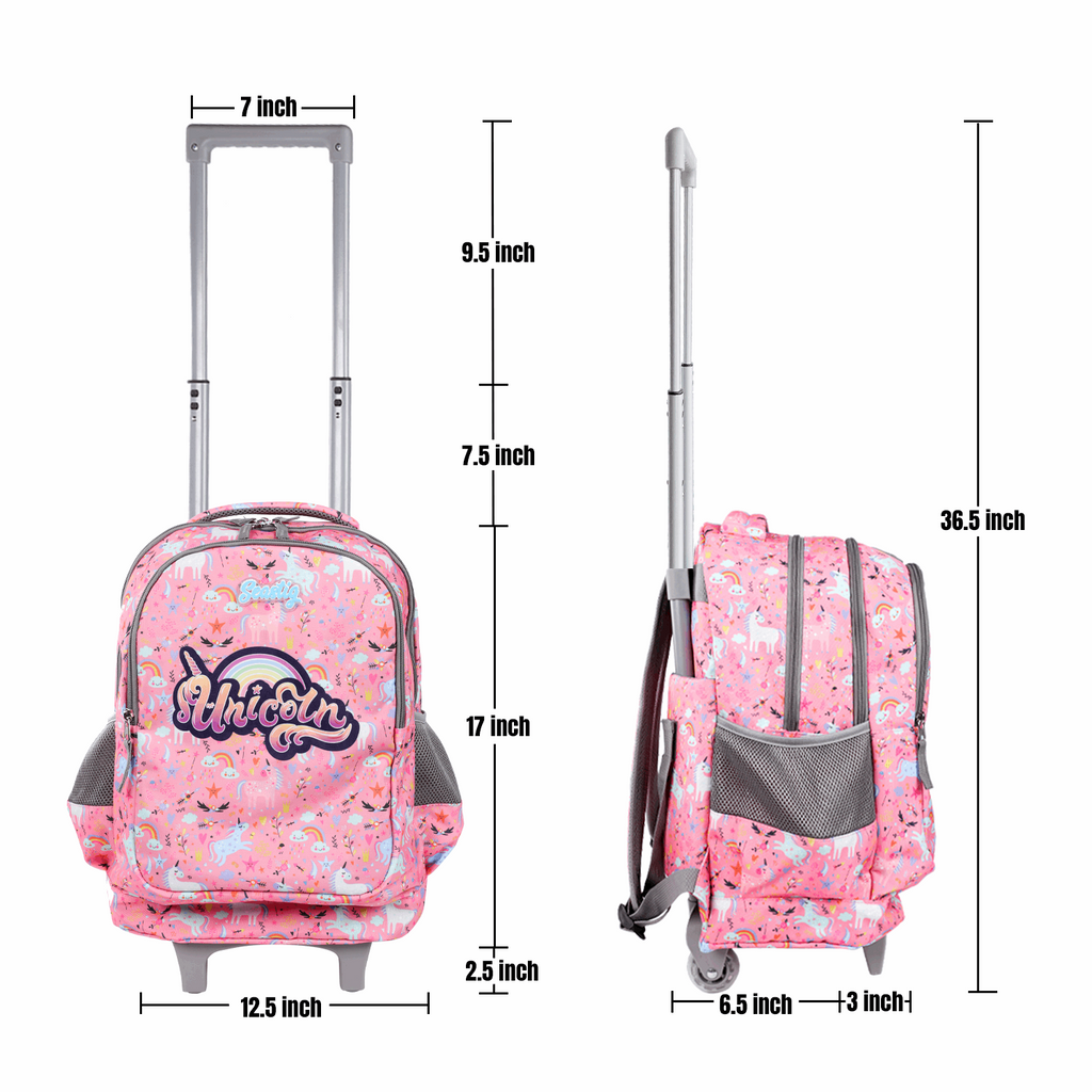 Seastig Pink Cartoon 18 inch Double Handle Rolling Backpack for Kids