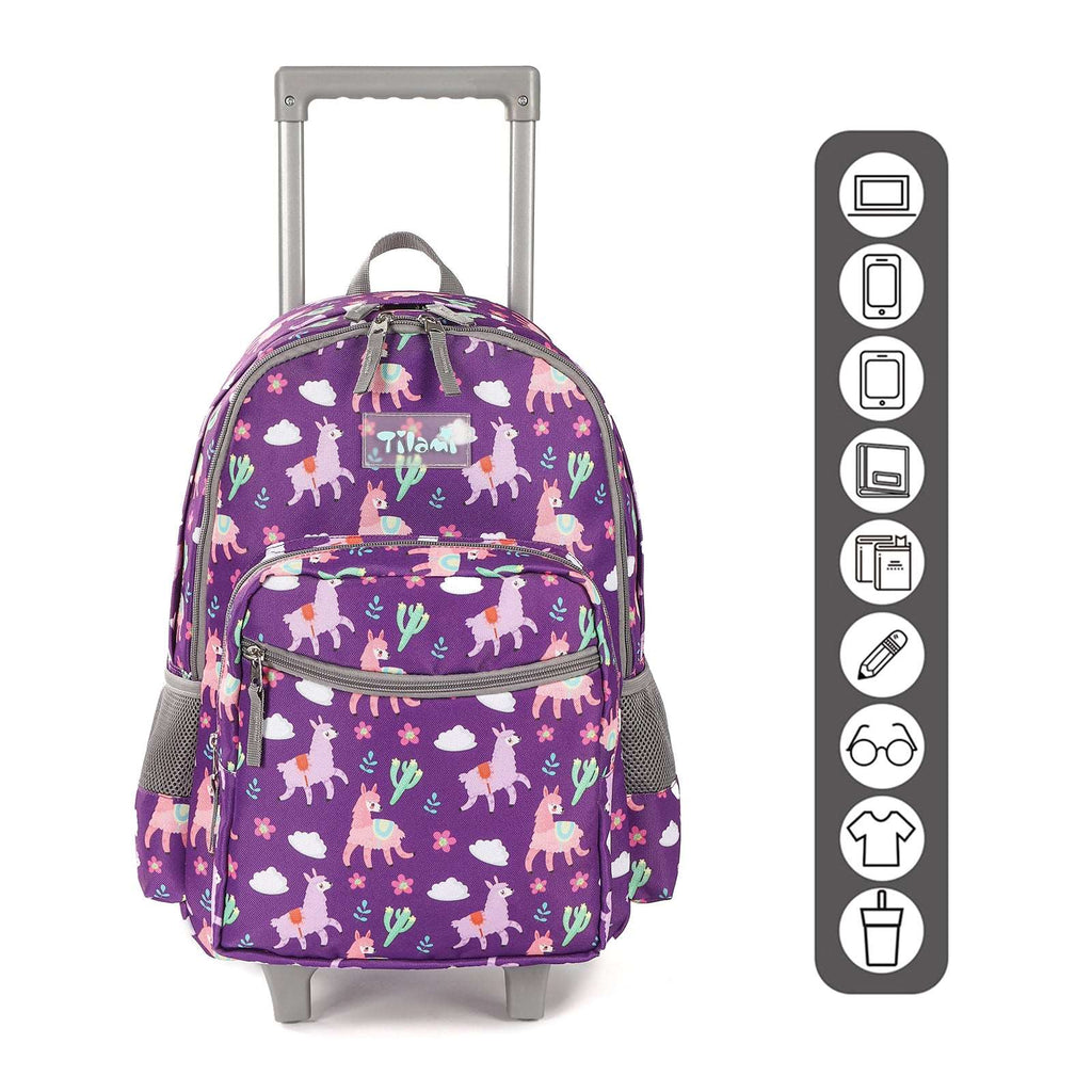 Tilami 18-inch Purple Alpaca Rolling Backpack for Kids