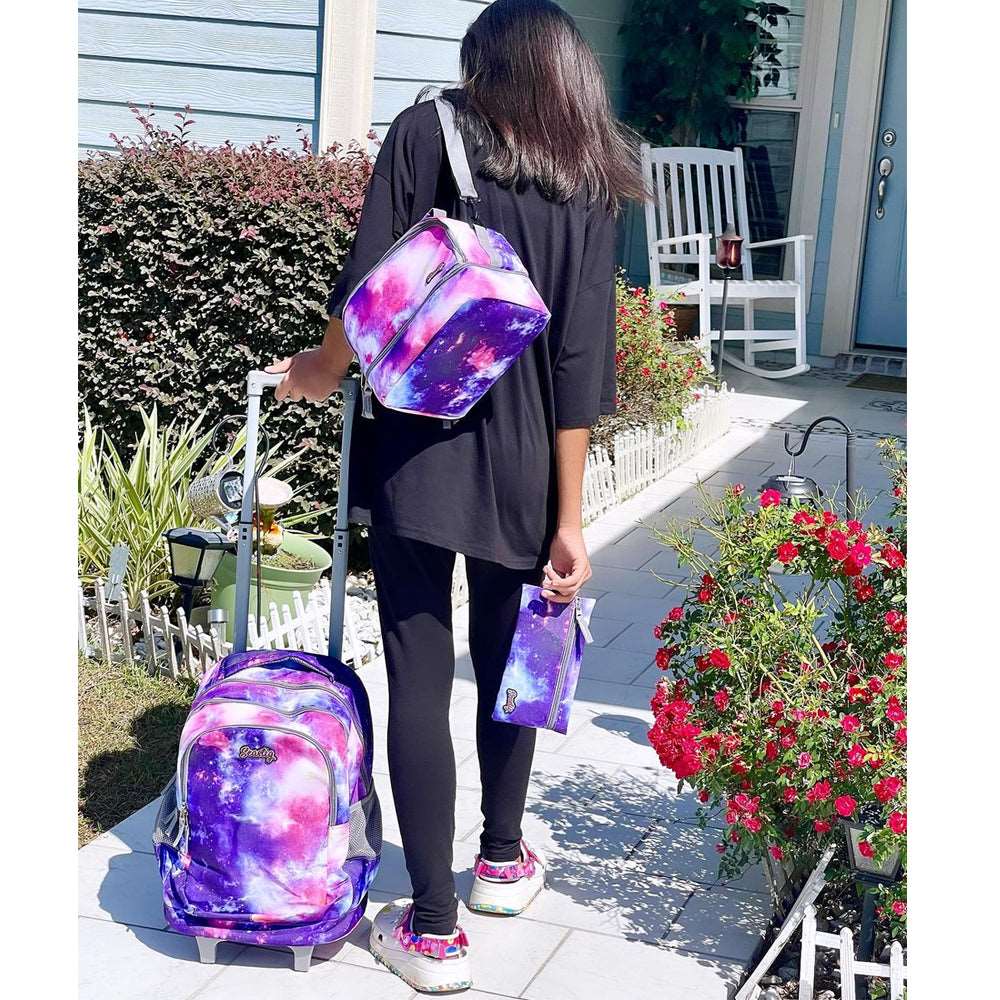 Seastig Purple Galaxy 18 inch Double Handle Rolling Backpack for Kids with Lunch Bag and Pencil Case Set