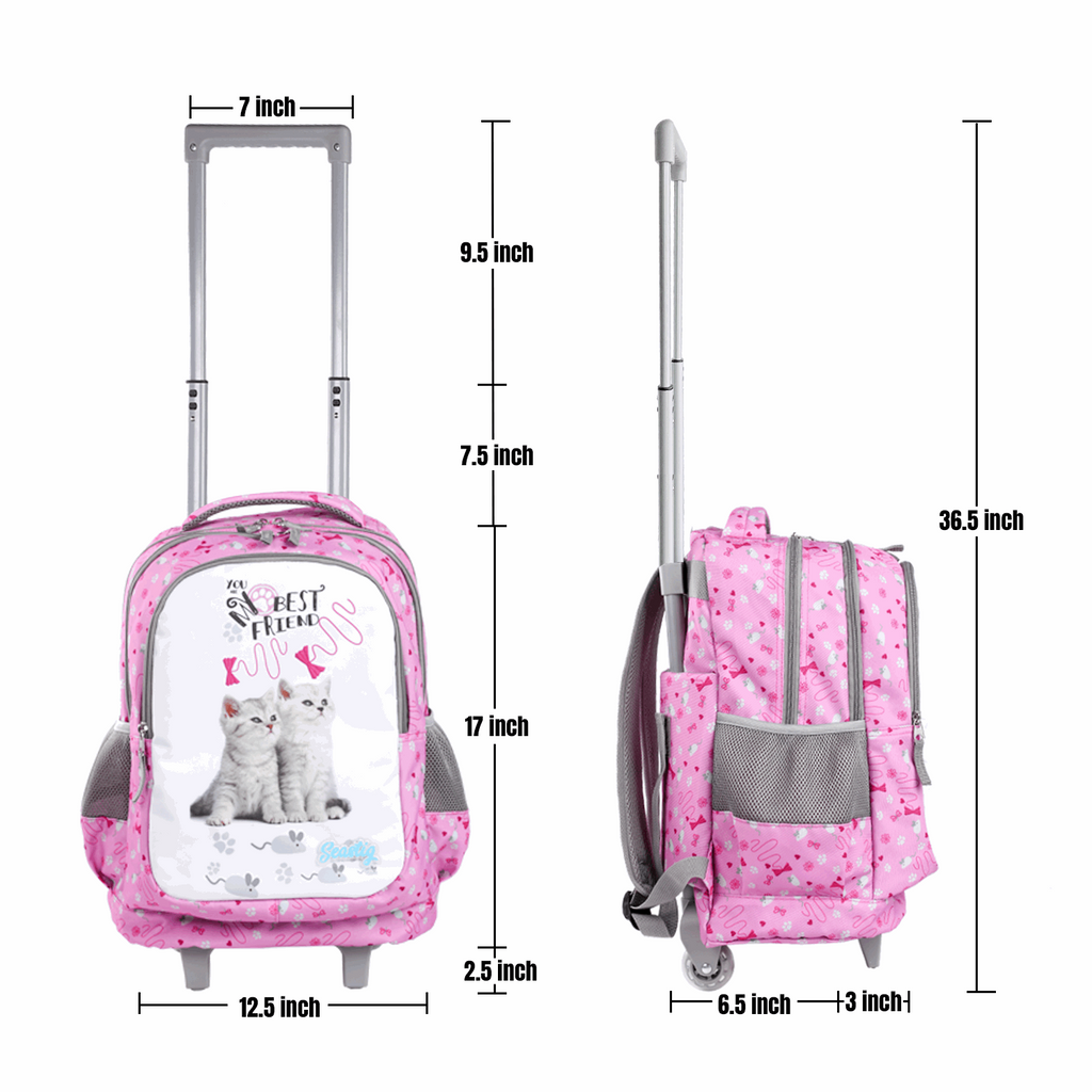 Seastig Two Cats 18 inch Double Handle Rolling Backpack for Kids with Lunch Bag and Pencil Case Set