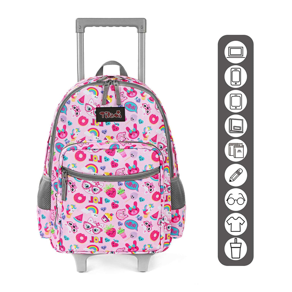 Tilami Pink Cat 18-inch Double Handle Rolling Backpack for Kids
