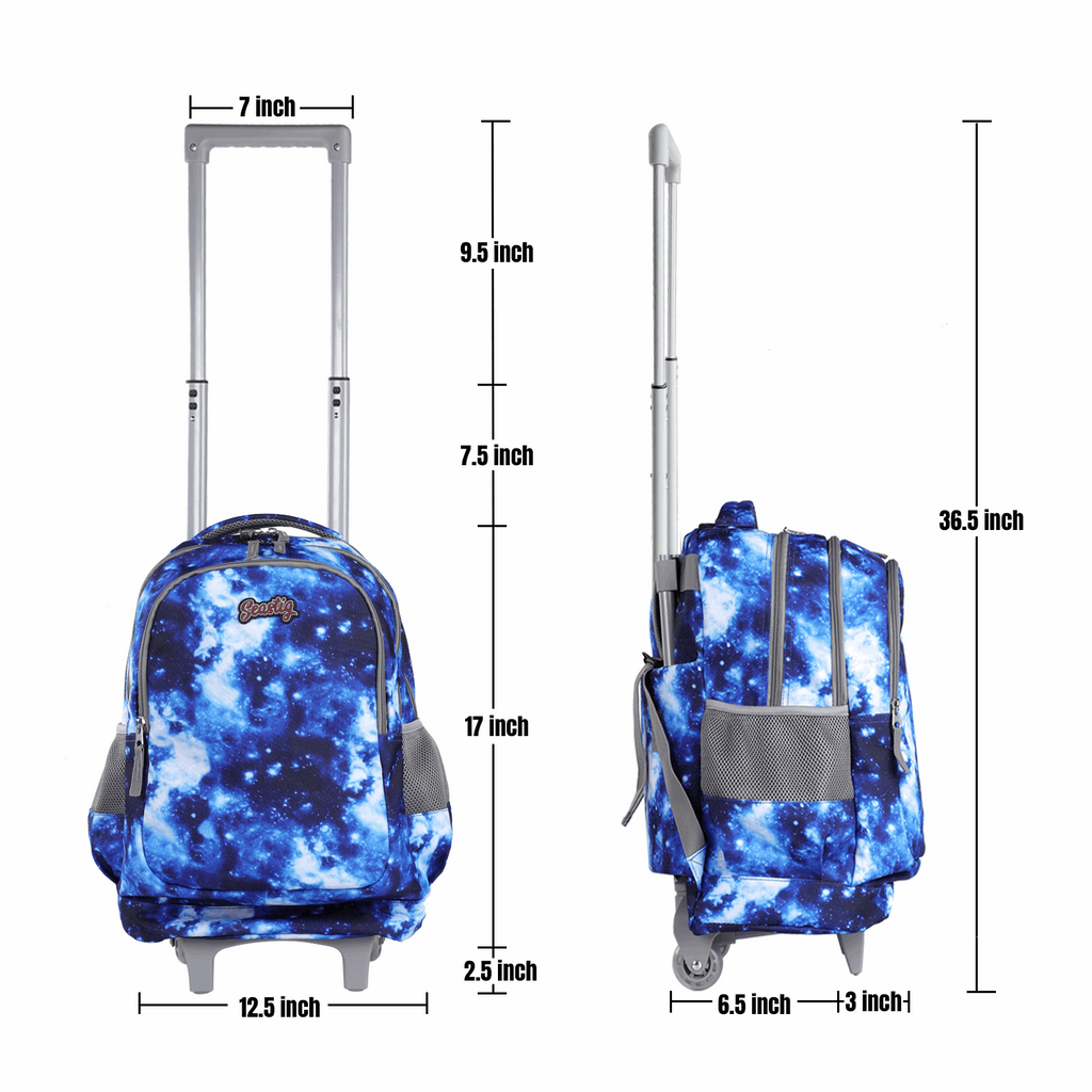 Seastig Blue Galaxy 18 inch Double Handle Rolling Backpack for Kids with Lunch Bag and Pencil Case Set