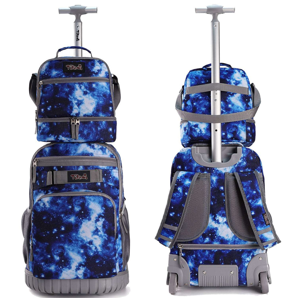 Tilami Blue Galaxy 18 inch Kids Rolling Backpack W Matching Lunch Box