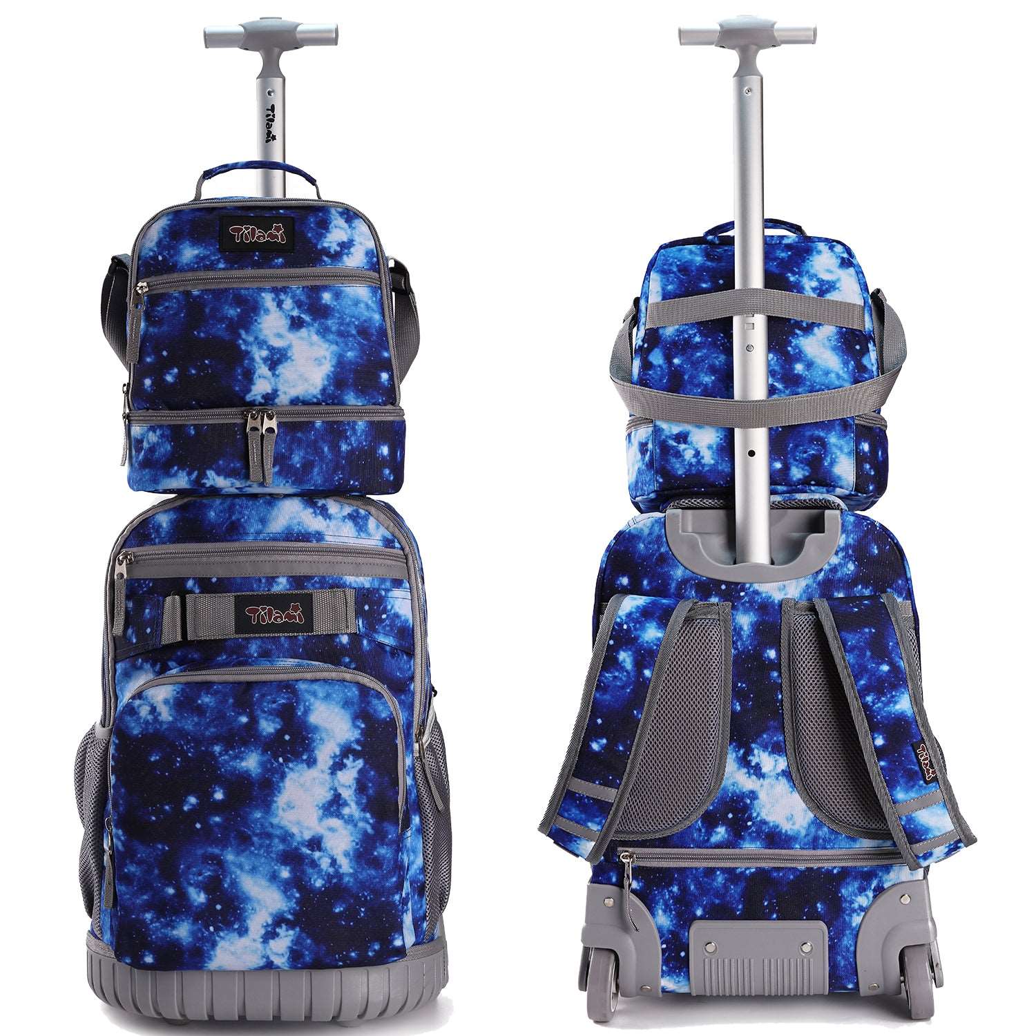 Tilami Blue Galaxy 19 inch Kids Rolling Backpack with Lunch Box