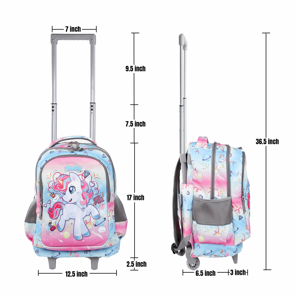 Seastig Pink Unicorn 18 inch Double Handle Rolling Backpack for Kids with Lunch Bag and Pencil Case Set