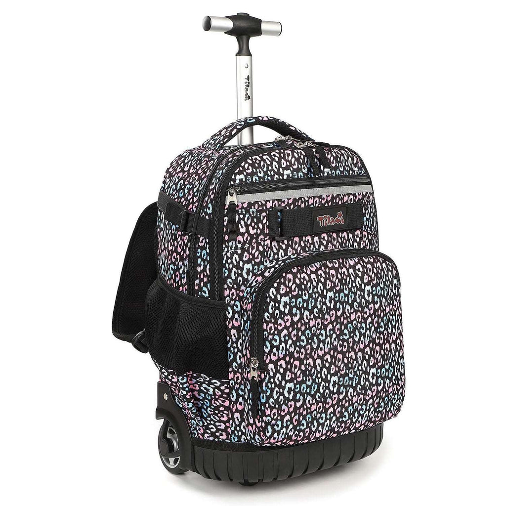 Tilami 18 inch Colorful Leopard Rolling Backpack For Kids Wheeled Backpack