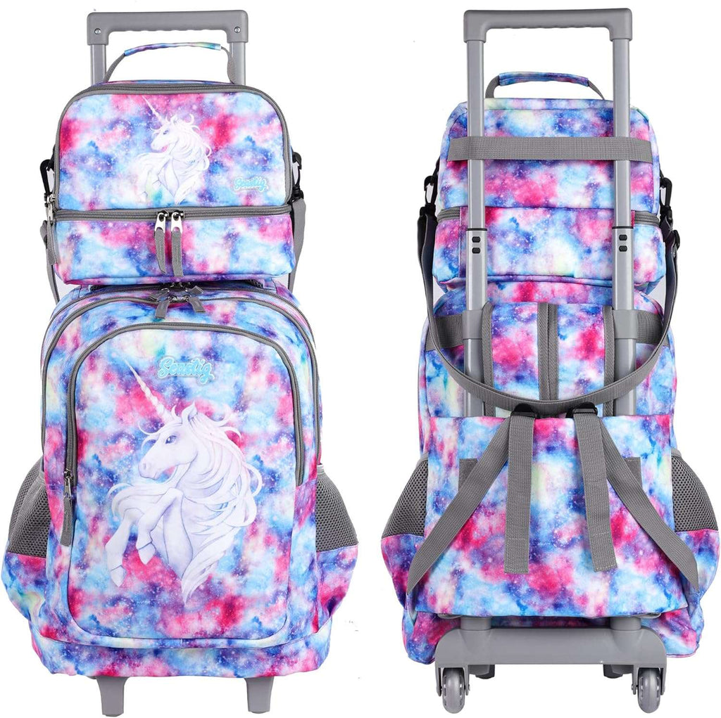 seastig Unicorn Rolling Backpack 18in Double Handle Kids Wheeled Backpack with Lunch Bag Set
