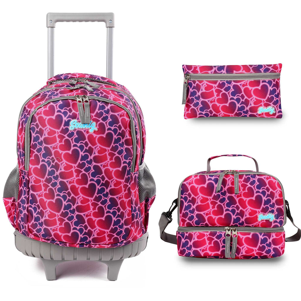 seastig Hearts Rolling Backpack Girls Boys 18in Wheeled Backpack Kids Backpack with Lunch Box and Pencil Case School Travel Bag