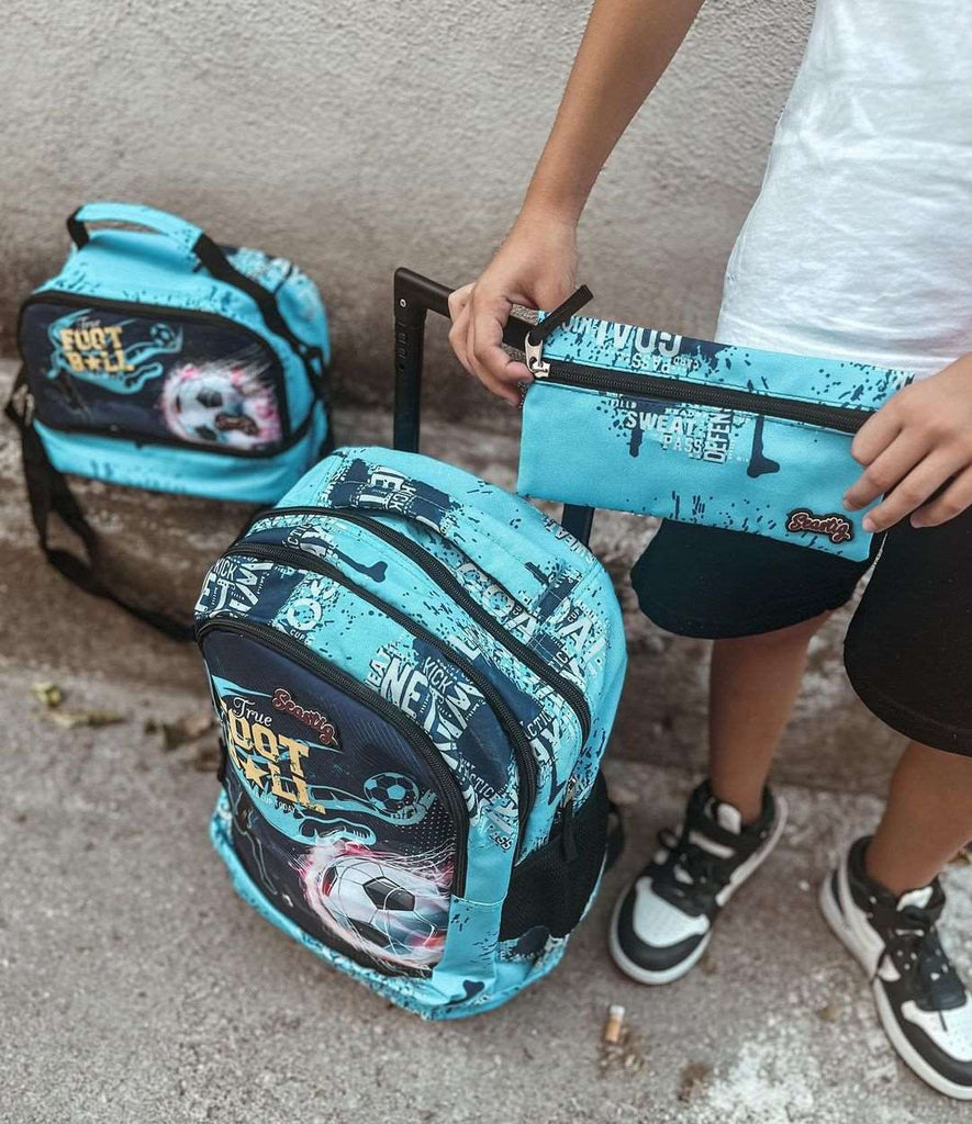 Seastig Football Navy Rolling Backpack 18in Double Handle Backpack Kids Wheeled Backpack Roller Backpack with Lunch Bag Set Girls Boys