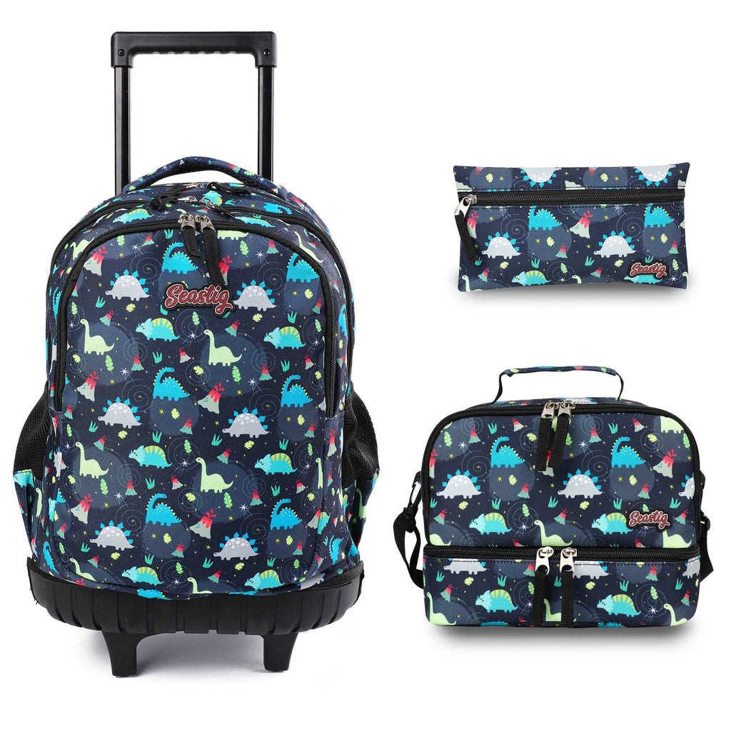seastig Dinosaur Rolling Backpack Girls Boys 18in Wheeled Backpack Kids Backpack with Lunch Box and Pencil Case School Travel Bag