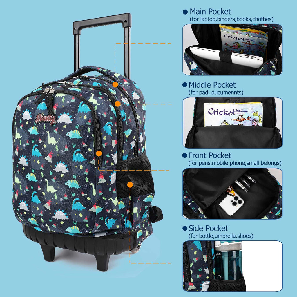 seastig Dinosaur Rolling Backpack Girls Boys 18in Wheeled Backpack Kids Backpack with Wheels School Travel Bag