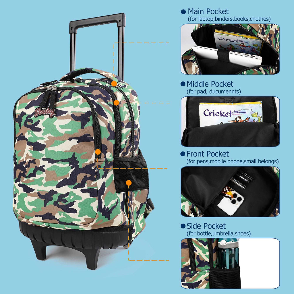seastig Camo Rolling Backpack Girls Boys 18in Wheeled Backpack Kids Backpack with Wheels School Travel Bag