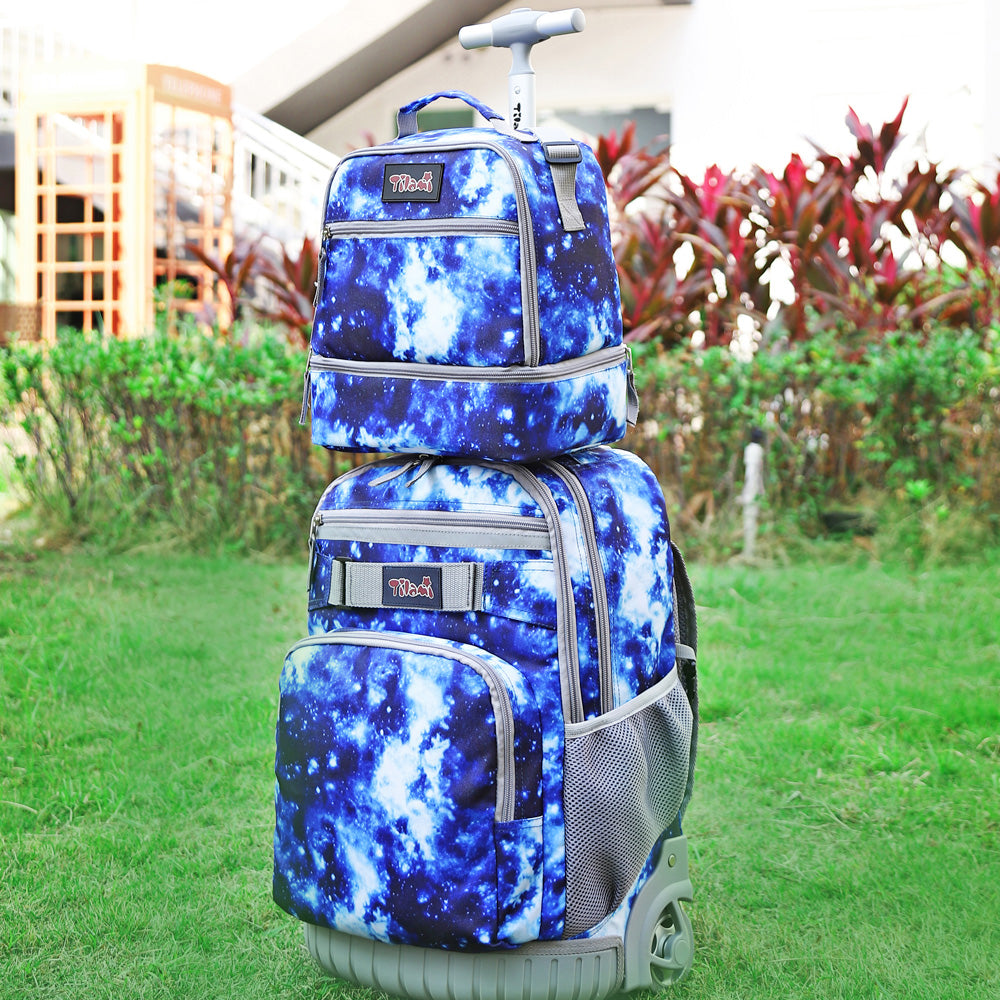 Tilami Blue Galaxy 19 inch Kids Rolling Backpack with Lunch Box
