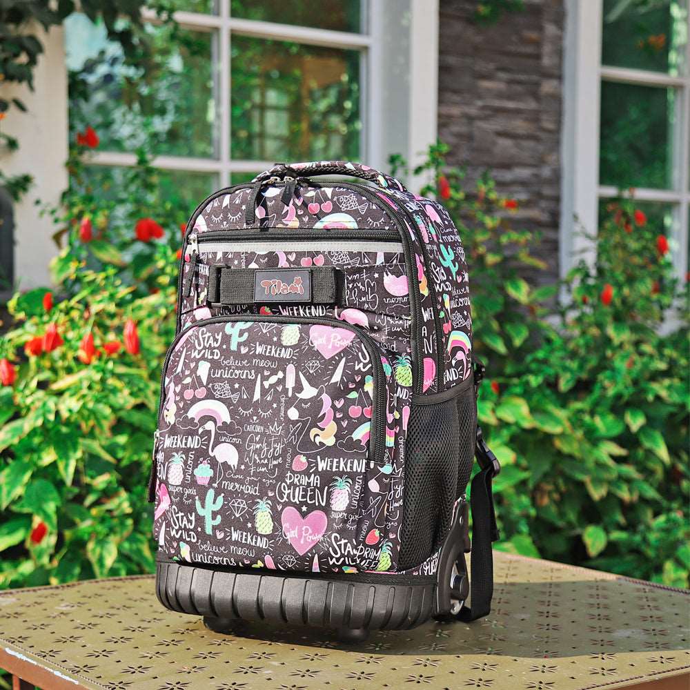 Tilami Black Ins Graffiti Rolling Backpack 19 inch Kids Wheeled Backpack