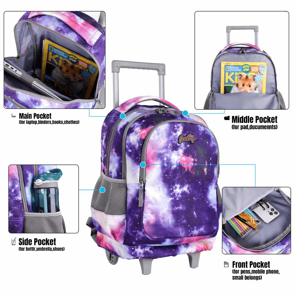 Seastig Purple Galaxy 18 inch Double Handle Rolling Backpack for Kids with Lunch Bag and Pencil Case Set