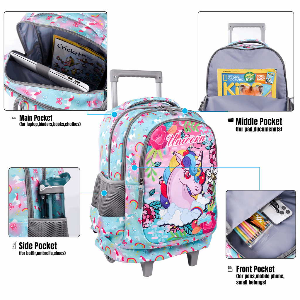 Seastig Unicorn 18 inch Double Handle Rolling Backpack for Kids with Lunch Bag and Pencil Case Set