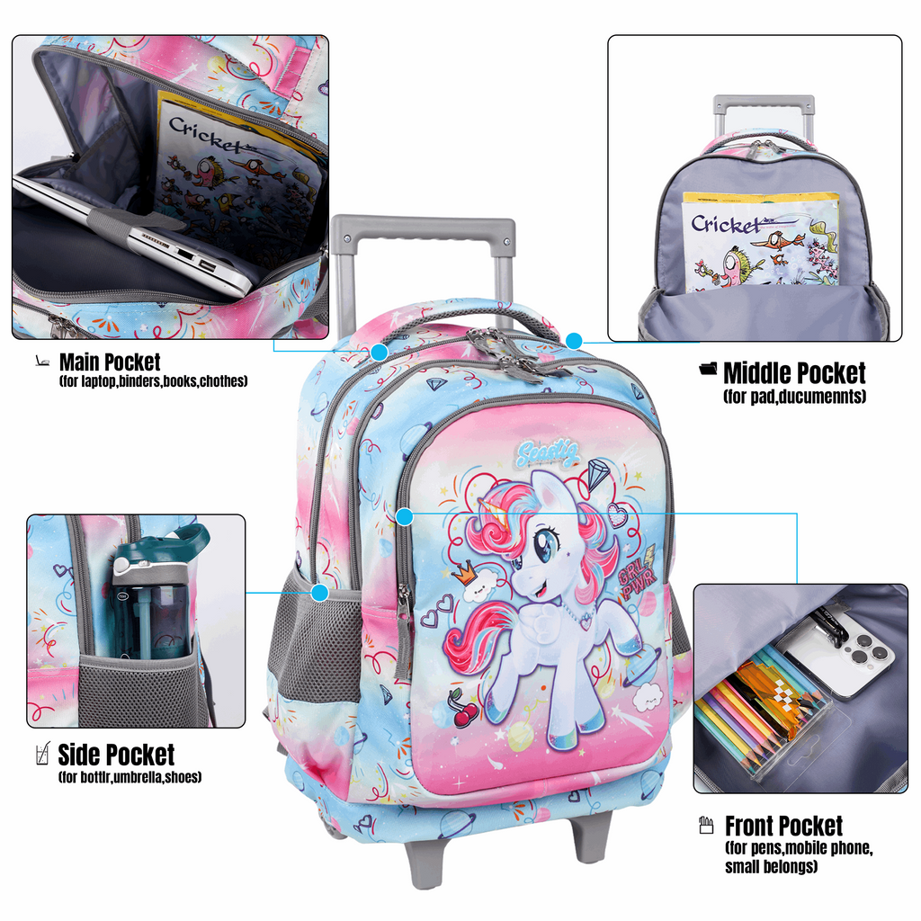 Seastig Pink Unicorn 18 inch Double Handle Rolling Backpack for Kids with Lunch Bag and Pencil Case Set