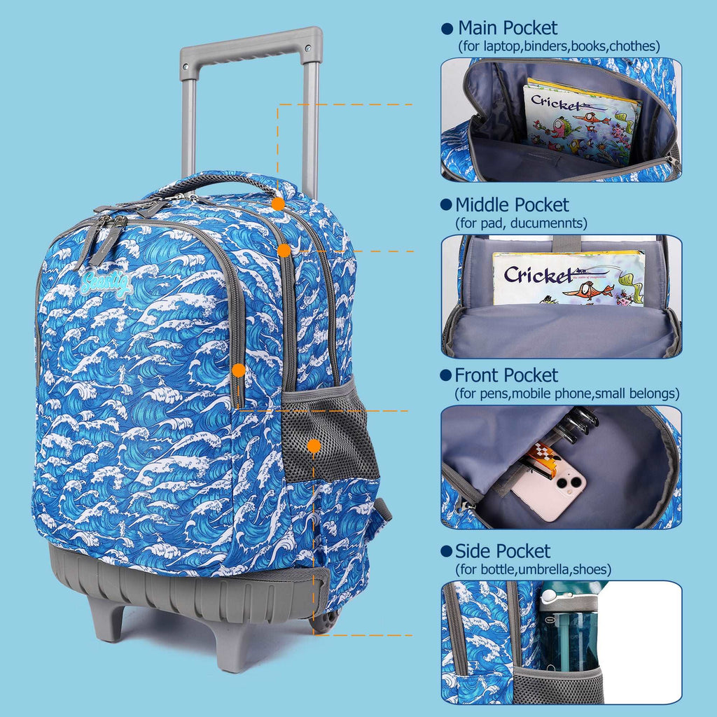 seastig Waves Rolling Backpack Girls Boys 18in Wheeled Backpack Kids Backpack with Lunch Box and Pencil Case School Travel Bag