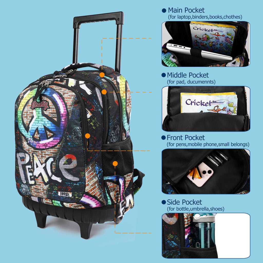 seastig Peace Rolling Backpack Girls Boys 18in Wheeled Backpack Kids Backpack with Lunch Box and Pencil Case School Travel Bag