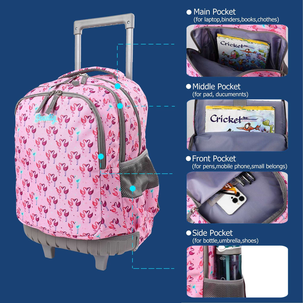 seastig Flamingo Rolling Backpack Girls Boys 18in Wheeled Backpack Kids Backpack with Wheels School Travel Bag