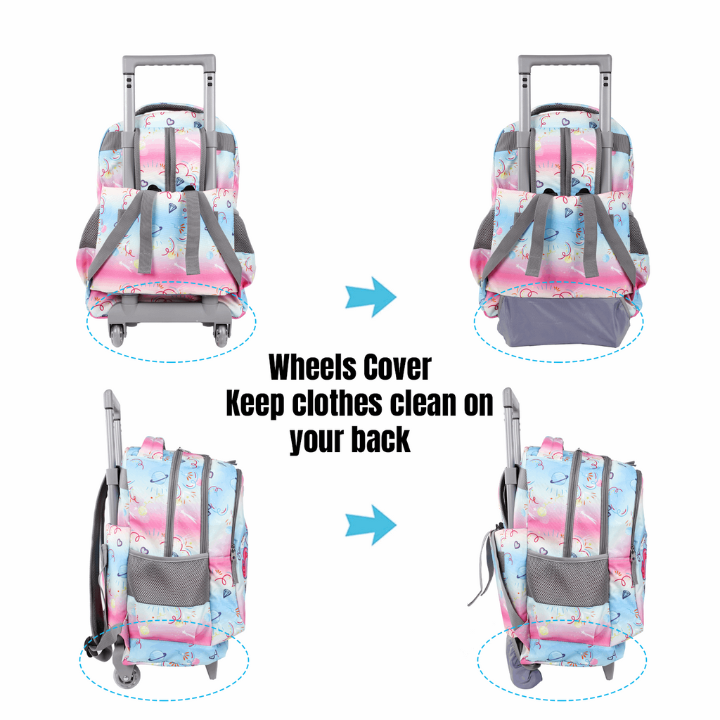 Seastig Pink Unicorn 18 inch Double Handle Rolling Backpack for Kids with Lunch Bag and Pencil Case Set