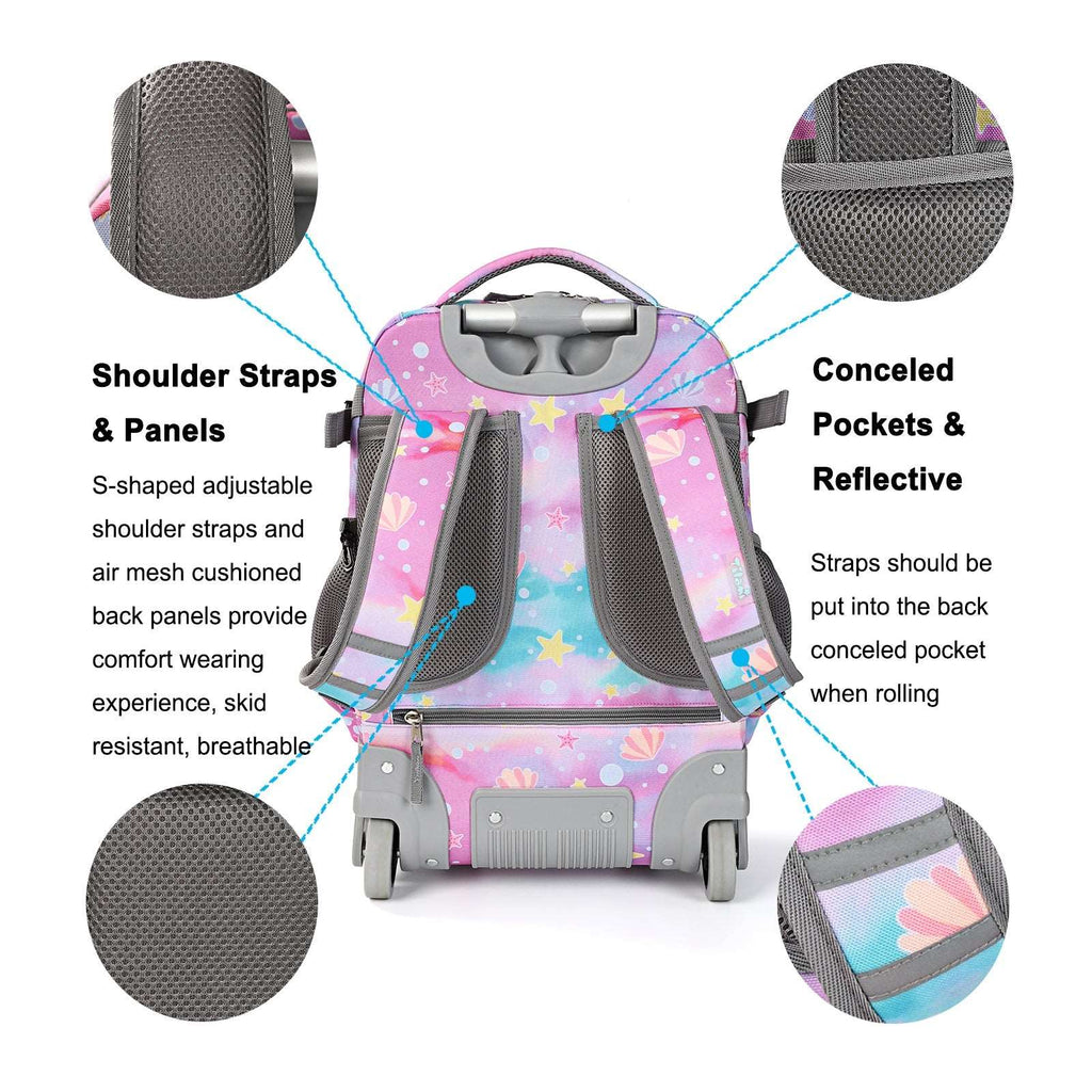Tilami Pink Fishtail 18 inch Rolling Backpack Kids Wheeled Backpack