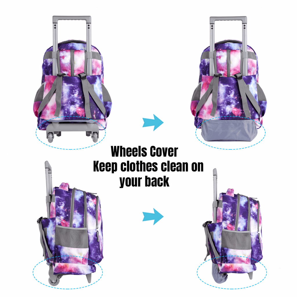 Seastig Purple Galaxy 18 inch Double Handle Rolling Backpack for Kids with Lunch Bag and Pencil Case Set