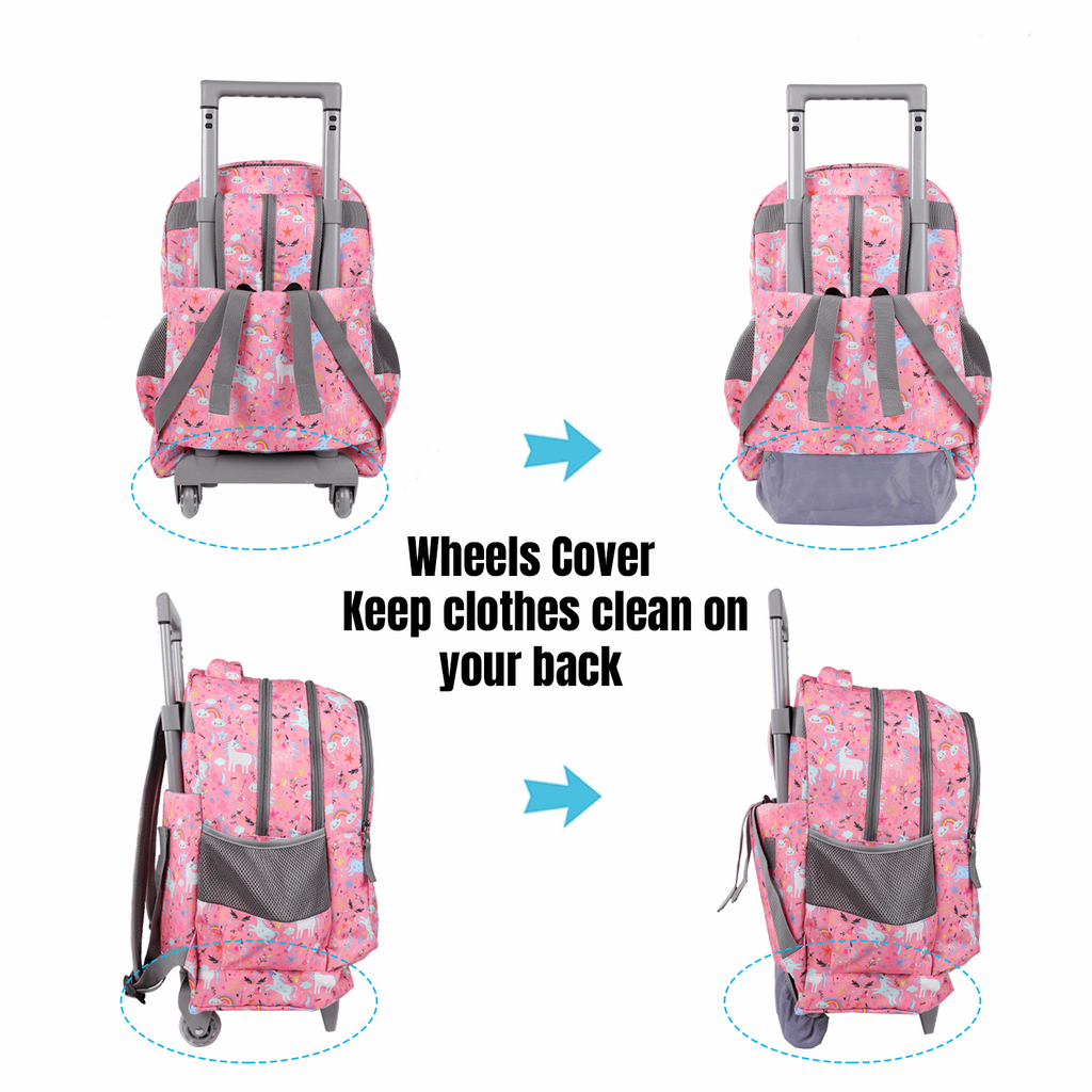 Seastig Pink Cartoon 18 inch Double Handle Rolling Backpack for Kids