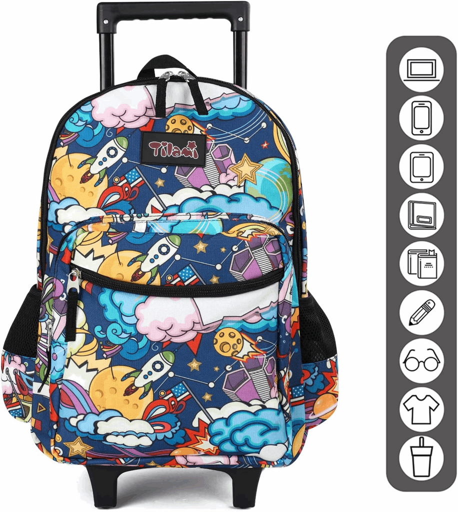 Tilami 18 inch Cartoon Black Rolling Backpack for Kids