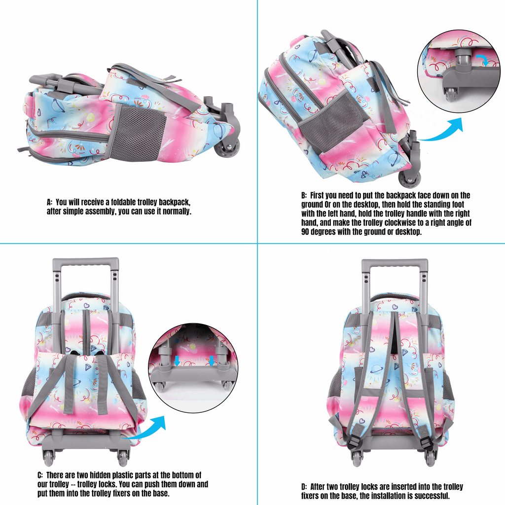 Seastig Pink Unicorn 18 inch Double Handle Rolling Backpack for Kids with Lunch Bag and Pencil Case Set