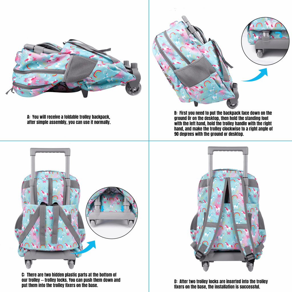 Seastig Unicorn 18 inch Double Handle Rolling Backpack for Kids with Lunch Bag and Pencil Case Set