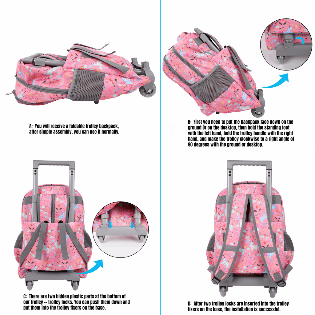 Seastig Pink Cartoon 18 inch Double Handle Rolling Backpack for Kids