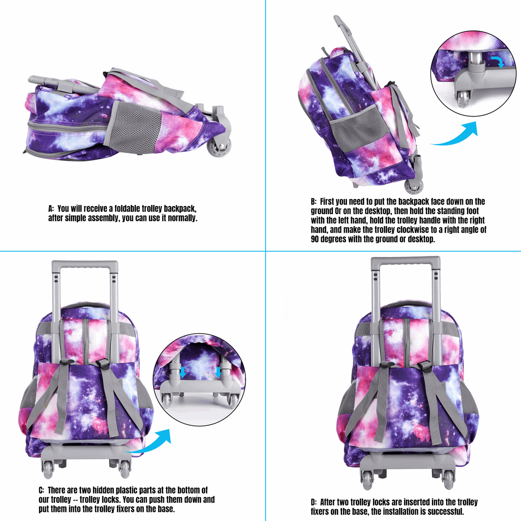 Seastig Purple Galaxy 18 inch Double Handle Rolling Backpack for Kids with Lunch Bag and Pencil Case Set