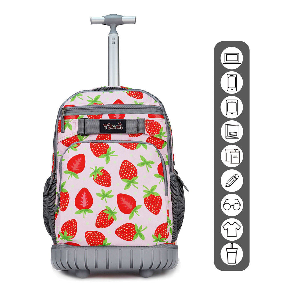 Tilami 18 inch Strawberry Rolling Backpack For Kids Wheeled Backpack