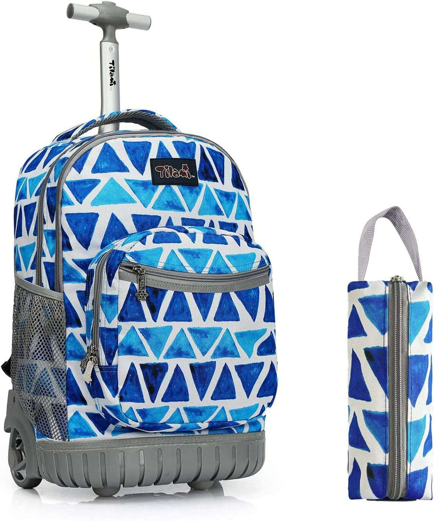 Tilami 19 inch Triangles Pattern Blue Color Rolling Backpack with Pencil Case