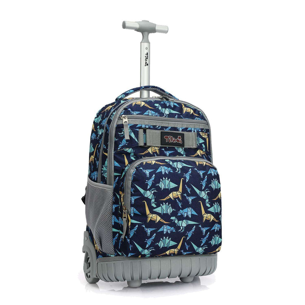 Tilami Dinosaur Print Rolling Backpack 18 inch Wheeled Laptop Backpack Waterproof