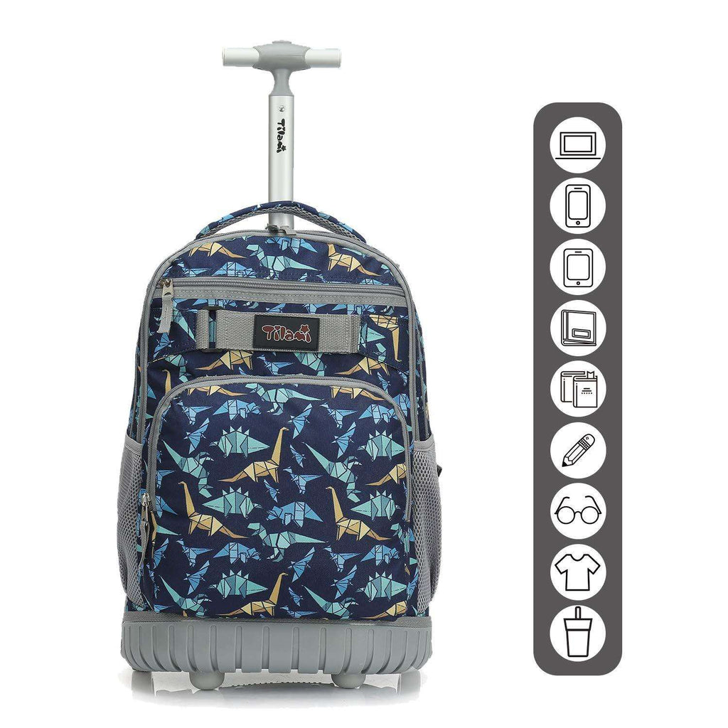Tilami Dinosaur Print Rolling Backpack 18 inch Wheeled Laptop Backpack Waterproof