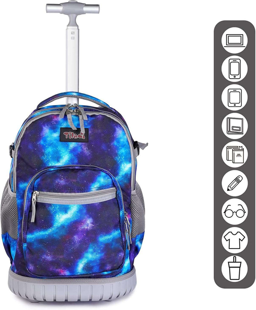 Tilami Rolling Backpack 19 inch with Lunch Bag Wheeled Laptop Backpack, Deep Blue Galaxy