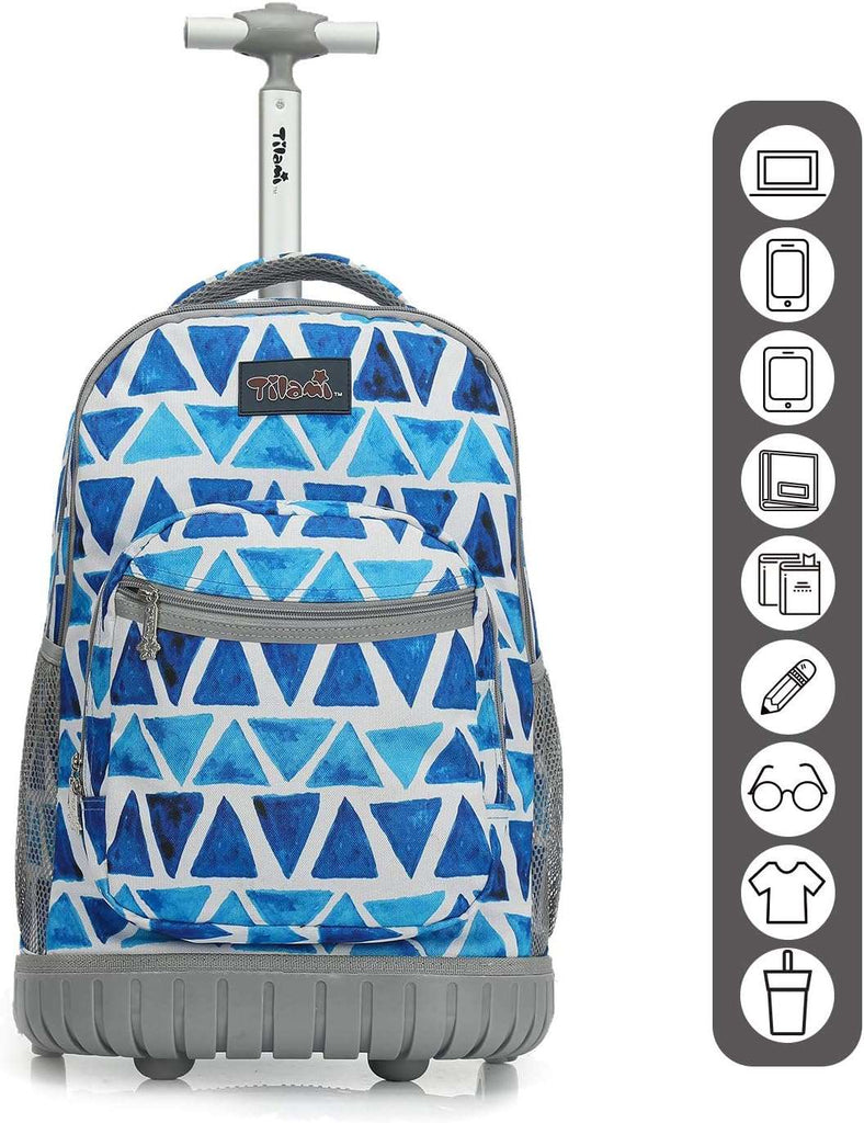 Tilami Rolling Backpack Triangles Pattern Blue Color 19 inch Wheeled Boys Girls for Travel School Student Trip