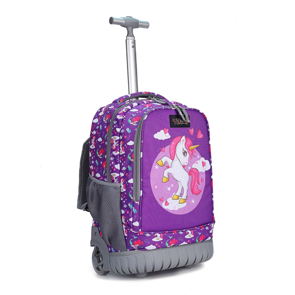 Tilami 18 inch Unicorn Purple Rolling Backpack For Kids Wheeled Backpack