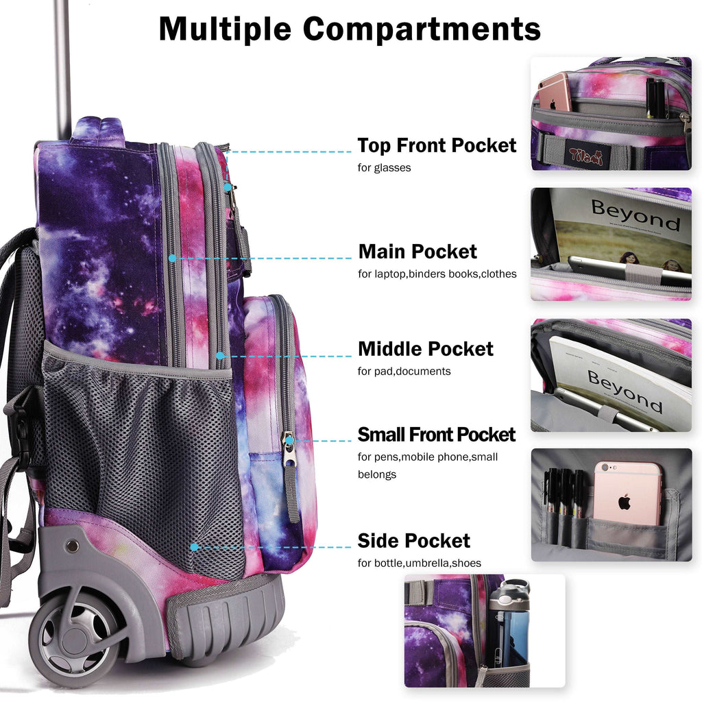 Tilami Purple Galaxy 18 inch Rolling Backpack for Kids