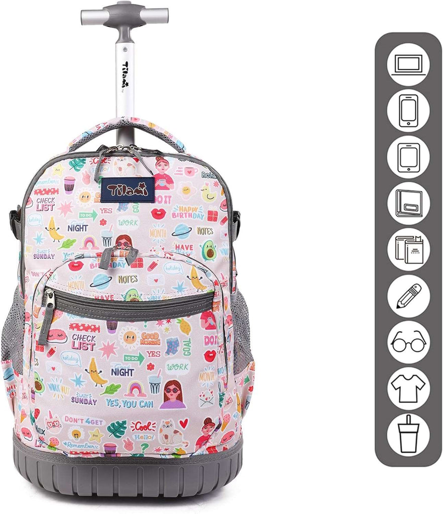 Tilami Rolling Backpack, 19 inch Shoulder Drop, Concealed Pockets and Wheel Cover, Laptop Backpack for Boys and Girls, Ins Pink