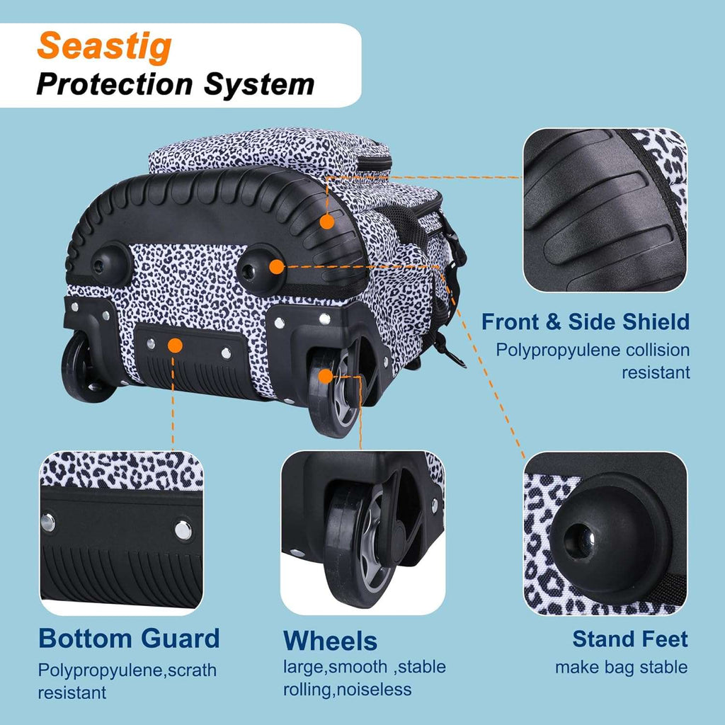 Seastig Black Leopard 18 inch Rolling Backpack for Kids with Lunch Bag and Pencil Case Set