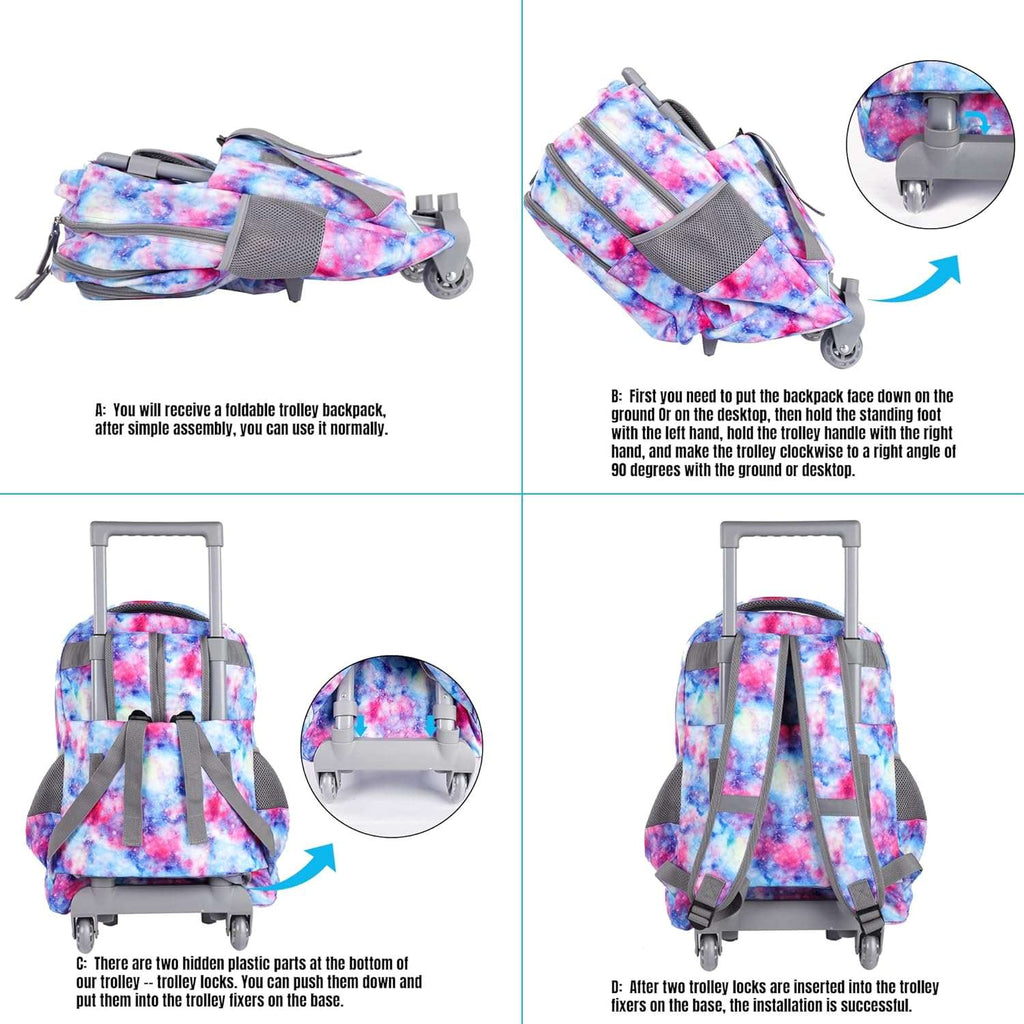 seastig Purple Unicorn Rolling Backpack for Kids Wheeled Backpack 18in Double Handle Backpack with Wheels